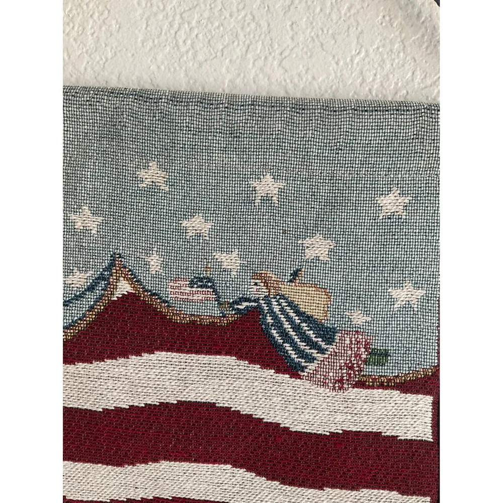 Vintage‎ Americana Woven Tapestry Wall Hanging Patriotic Schoolhouse Banner